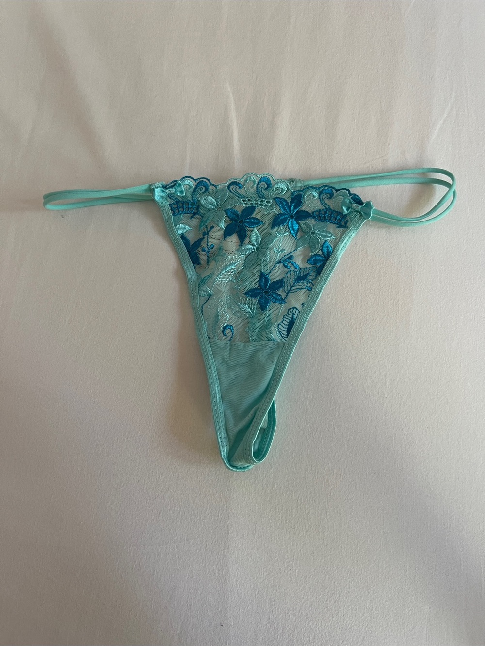 Sheer Aqua Floral Lace String Bikini Bottom - Women Swim